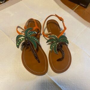 Tory Burch Castaway Palm Tree Flat Sandal Tangerine Thong Strap Size 7